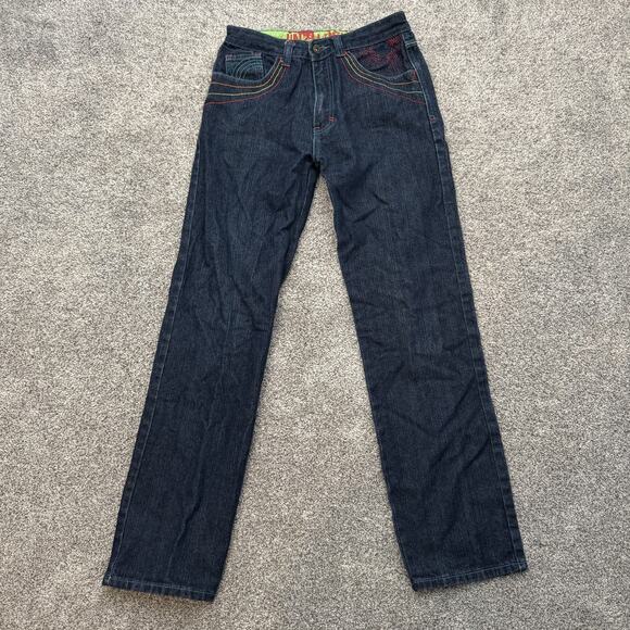 Jinzu Denim Jeans Boys 16 Straight Leg Blue Multicolor Stitch Graffiti Pockets - Picture 1 of 9